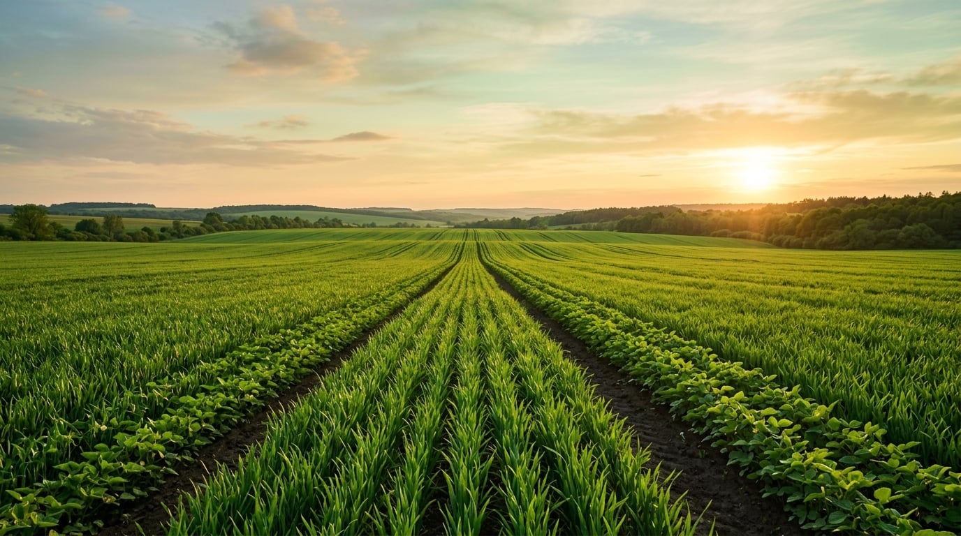 Golden sunset over a green agricultural field